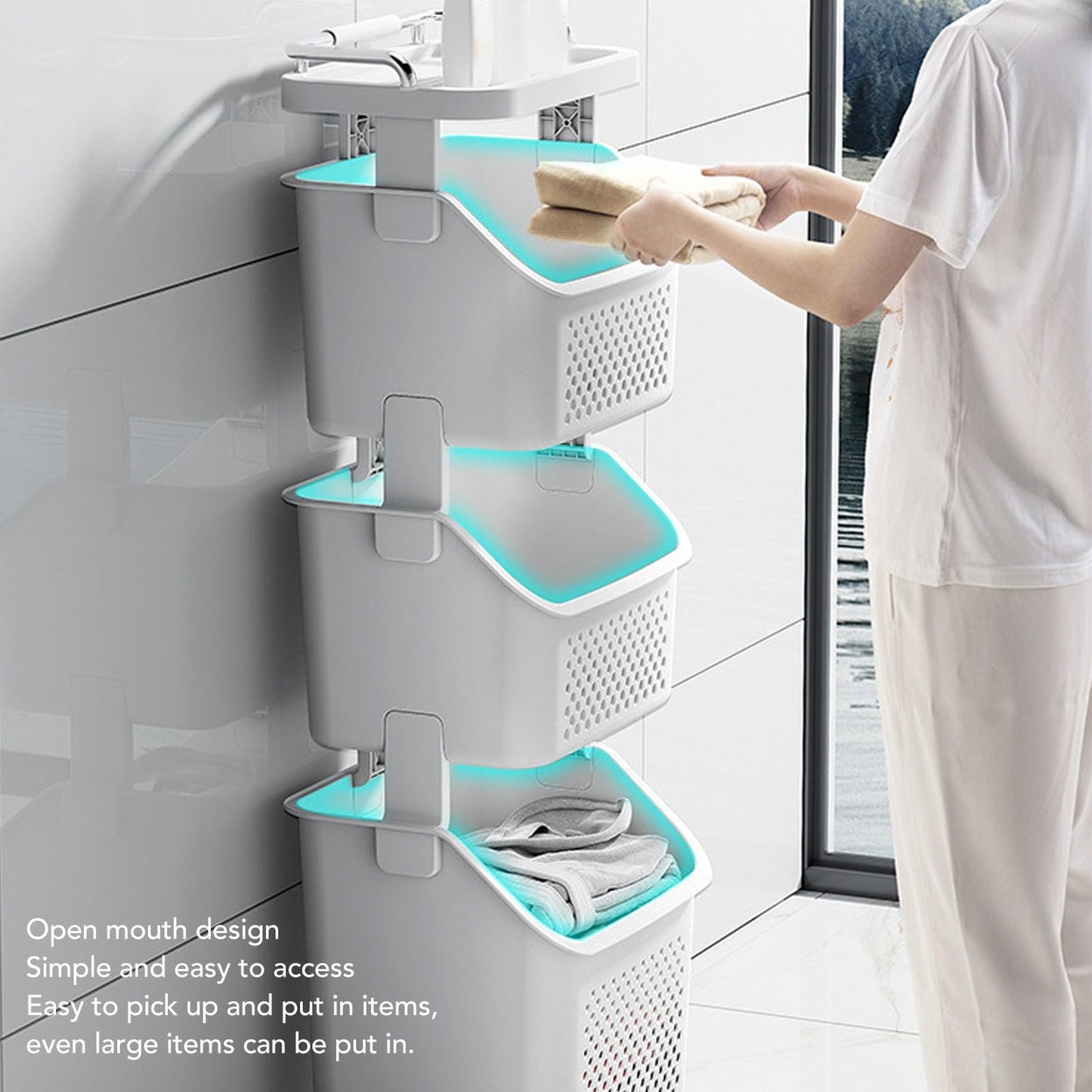 3 Tier Laundry Basket Organizer with Wheels, Tiered Laundry Basket Organizer, with Portable Storage Baskets, for Kitchen Bathroom Bedroom Laundry Room