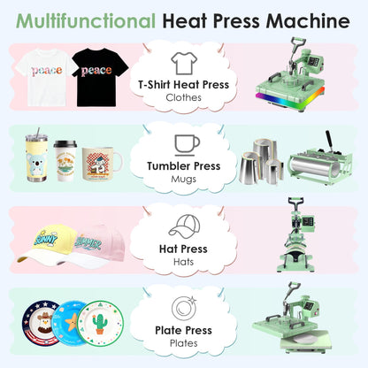 Seeutek 8 in 1 Heat Press Machine 15x15 Inch, Swing Away Digital Sublimation Heat Transfer Press with 20oz & 30oz Tumbler Attachments for T-Shirts, Mugs, Hats & Plates, Green