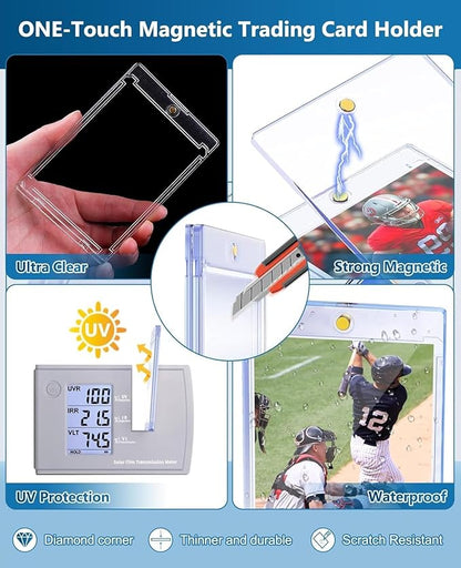 100ct Magnetic Trading Card Holders: 35pt One Touch Card Holder U-V Protection Hard Plastic Magnetic Cards Case for Sports Game Football Baseball Cards