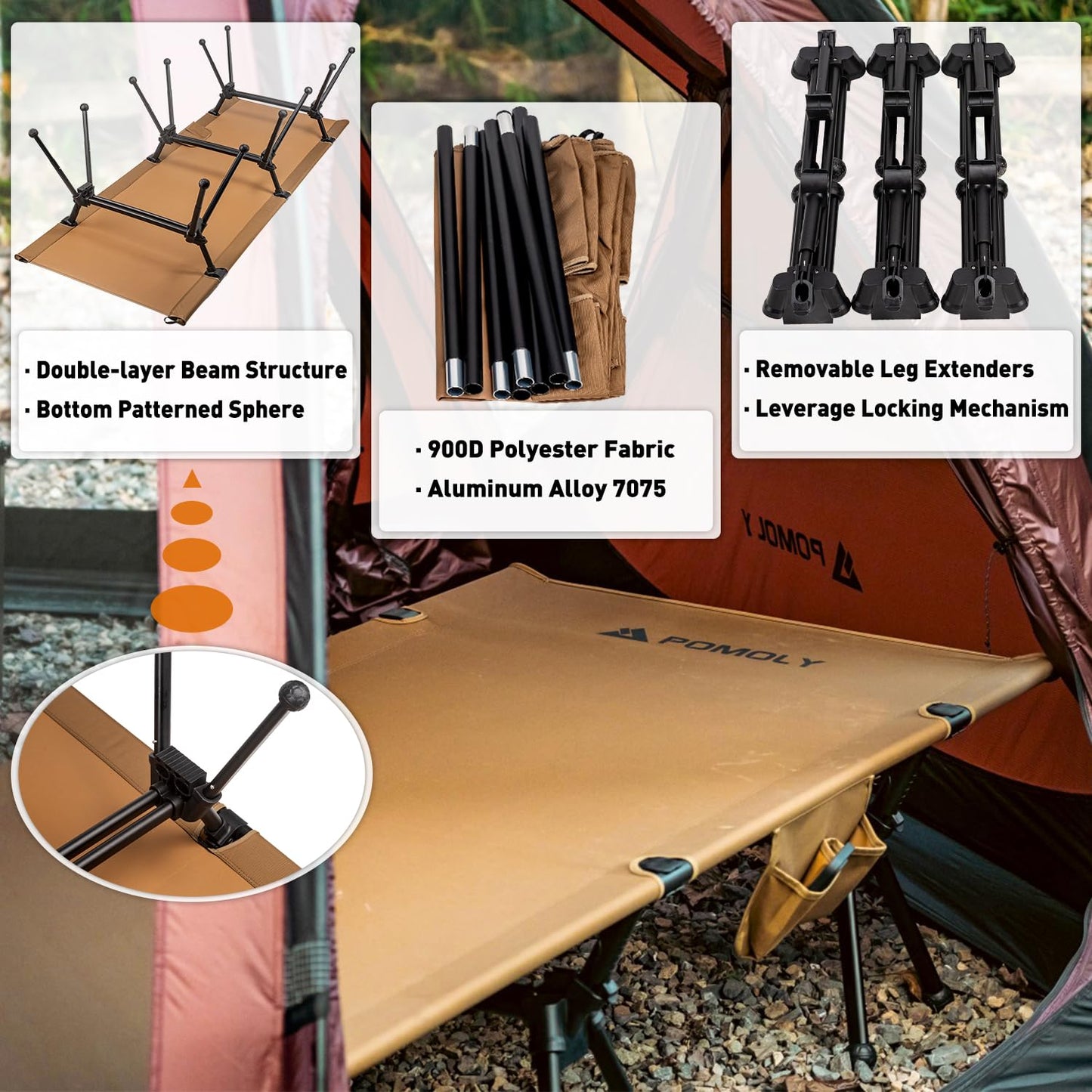 POMOLY Lightweight Camping Cot, 3-Level Height Adjustable Folding Bed for Adults, Portable Outdoor Heavy-Duty Reinforced Legs, 400 lbs Capacity, Military Army Ultralight Backpacking Hunting