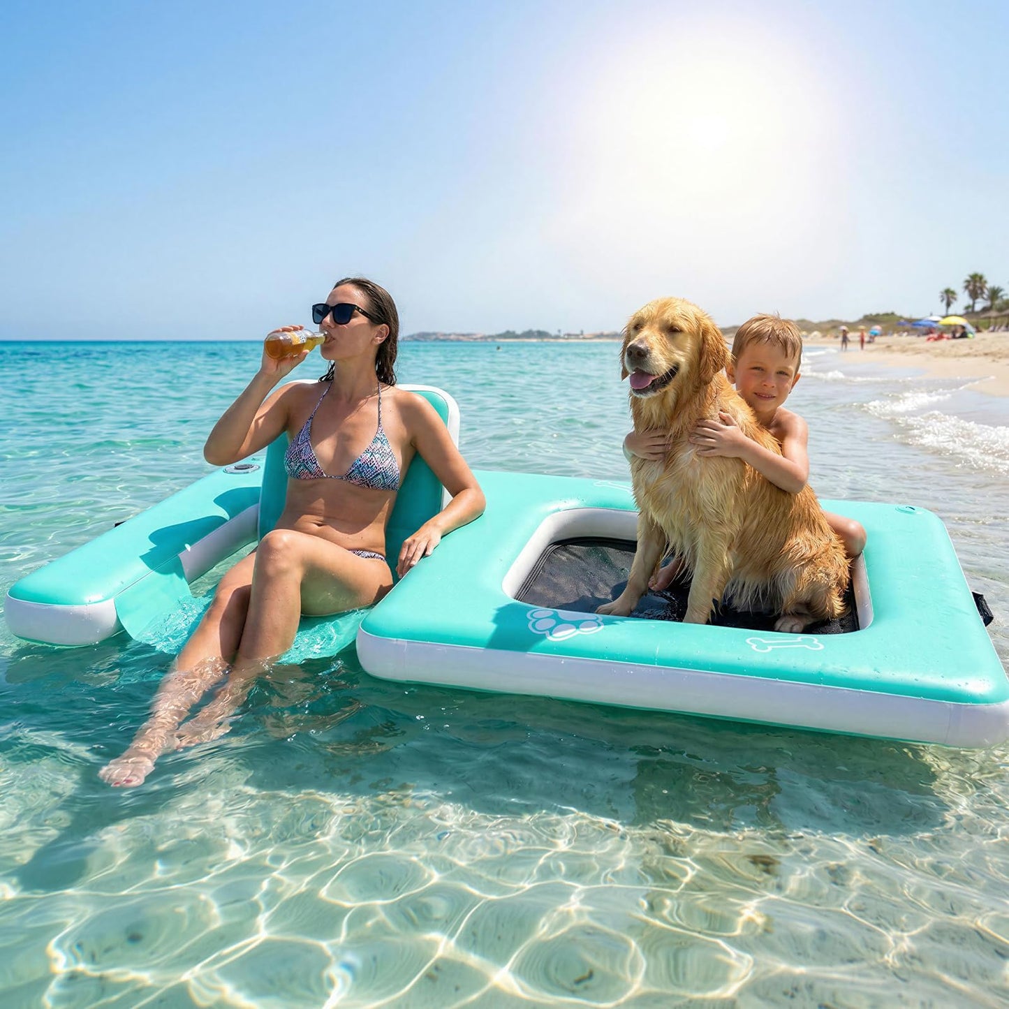 JUSTOOP Inflatable Dog Pool Float with Seat, Durable PVC Inflatable Floating Dock with Mesh Swim Area, Floating Platform Swim Docks for Adults & Dogs, 242 lbs Capacity, Portable Floating Lounge