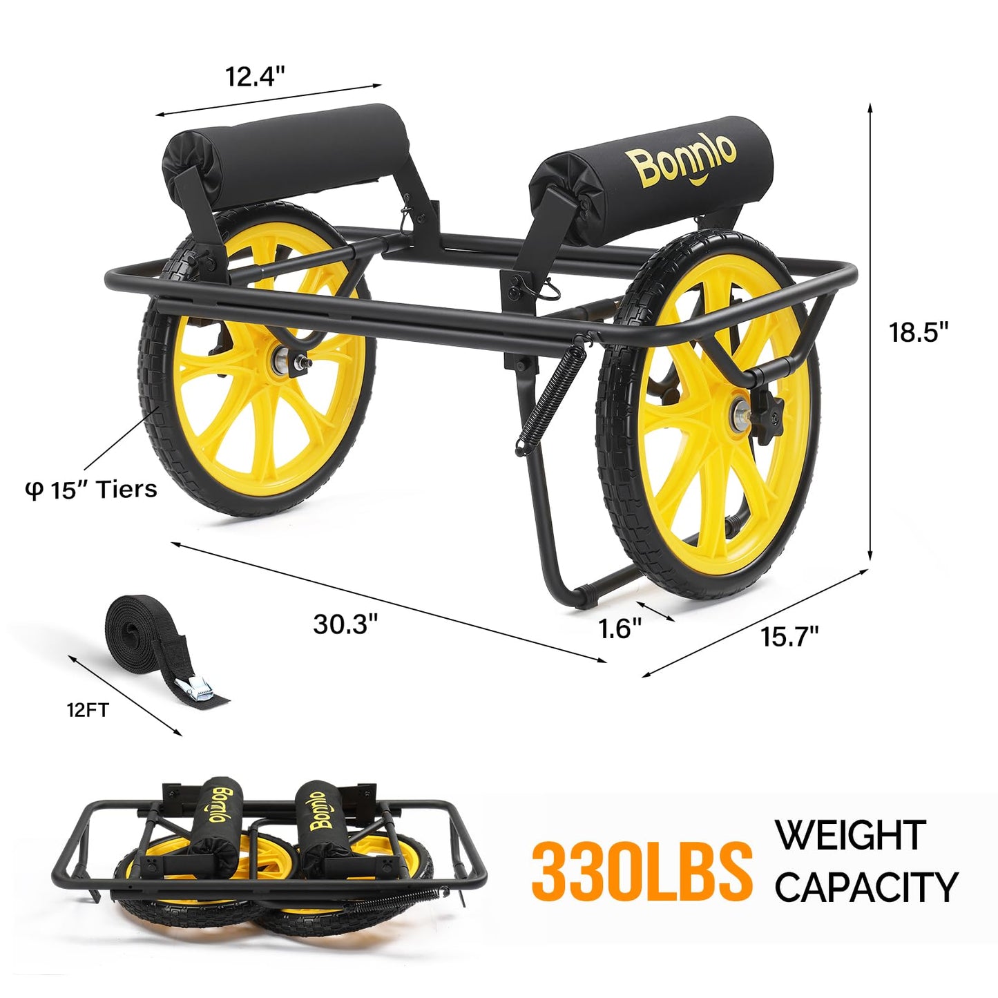 Bonnlo Durable Canoe Cart, All-Terrain Trolley Carrier with 15" Large Kayak Wheels, 330lbs Kayak Cart Dolly with Kickstand, Adjustable 4 Postions (8.66"-19.69") to Fit Kayaks, Canoes, and Small Boats