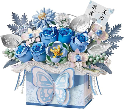Flower Bouquet Building Blocks Model SetSimulation Artificial Rose Bonsai Plant Building Bricks ToysHandheld Gift Box Home Decor (Blue Butterfly)
