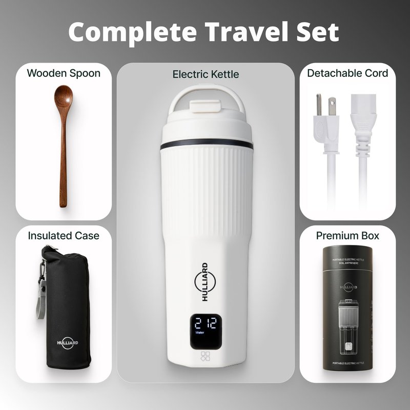 HULLIARD Travel Electric Kettle - 316 Stainless Steel, Portable Tea Kettle & Water Heater, 450ml Portable Water Boiler, 6 Temperature Settings, Auto Shut-Off, Universal Voltage (100-240V)
