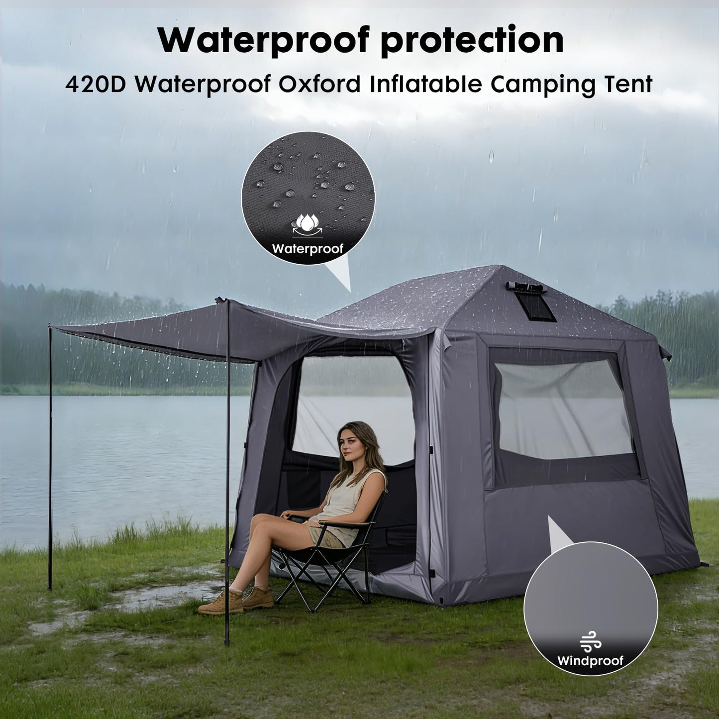 Inflatable Tents for Camping 2-4 Person, Blow Up Tent with Skylight & Awning, Waterproof Inflatable Camping Tent with Mesh Windows, Portable Tent Camping Essentials, Easy Setup with Hand Pump