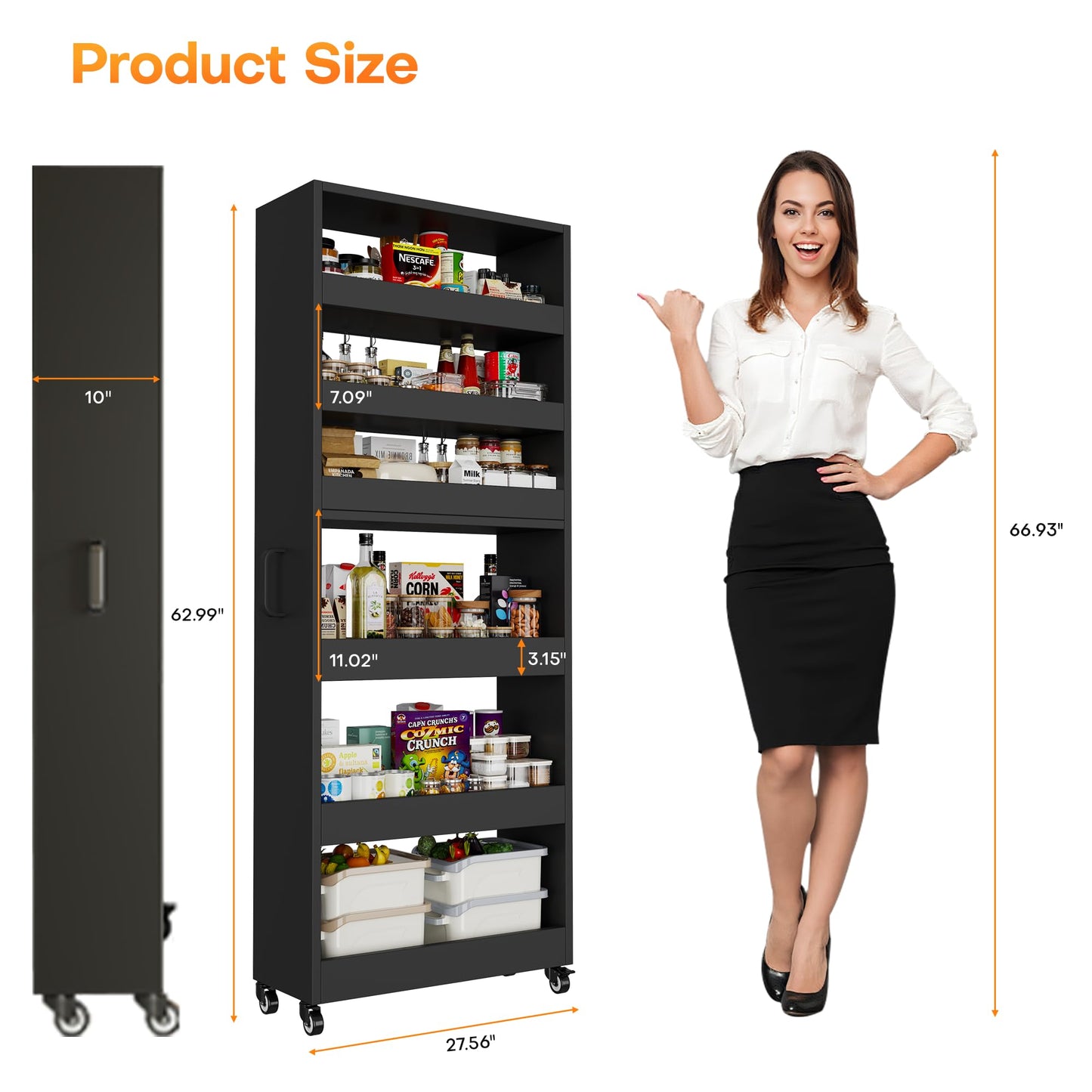 Qiaoxuan Slim Storage Cart, Lightweight 6 Tier Metal Rolling Utility Kitchen Cart on Wheels, Mobile Storage Shelving Unit Organizer for Bathroom Laundry Office Narrow Places (Black, 10" D)
