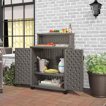 Suncast Patio Plastic Storage and Prep Station with Decorative Wicker Pattern and Multi Wall Panels for Patio, Garden, and Lawn Use, Stoney Gray