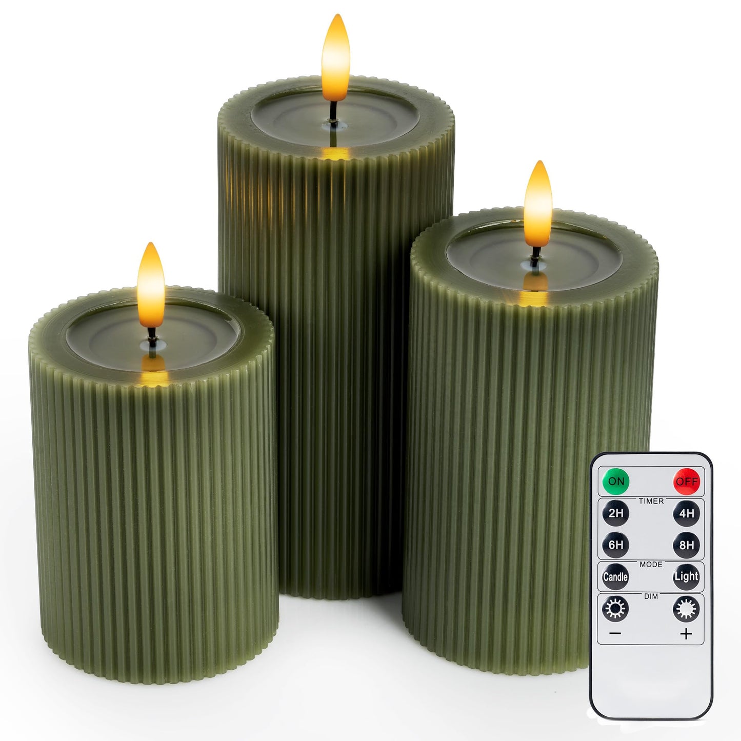WYZworks Ribbed Fluted Real Wax Flameless LED Pillar Candles, Loden Sage Olive Green, Melted-Wax Top Look, Flickering Flame, Battery Operated, Remote & Timer, Shelf & Wedding Decor (Set of 3)