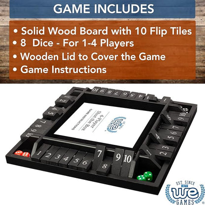 WE Games Shut The Box Board Game - Classic 4 Player Wooden Table Top Dice Game for Family Game Night Black Stained Wood 14 in. 10 Numbers Classroom Play or Bar Fun for Adults