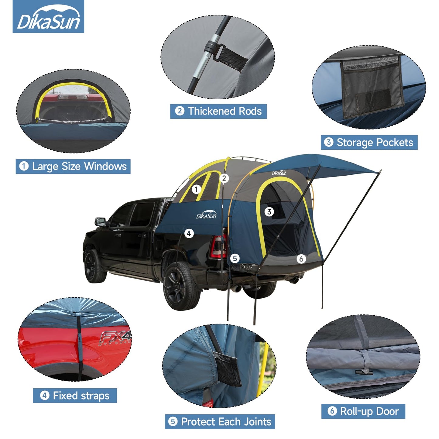 Truck Bed Tent, Double Layer Truck Tent 6.4-6.7 Ft, Waterproof PU3000mm Tear-Resistant Pickup Tent for 2 Person Camping and Outdoor with Awning（Cyan）