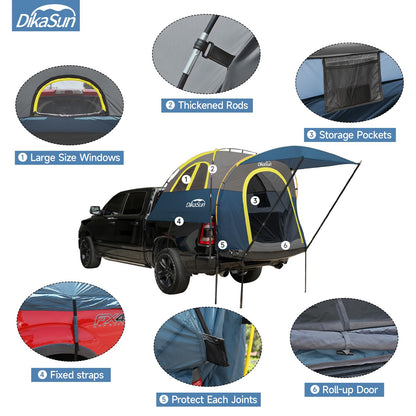 Truck Bed Tent, Double Layer Truck Tent 6.4-6.7 Ft, Waterproof PU3000mm Tear-Resistant Pickup Tent for 2 Person Camping and Outdoor with Awning（Cyan）