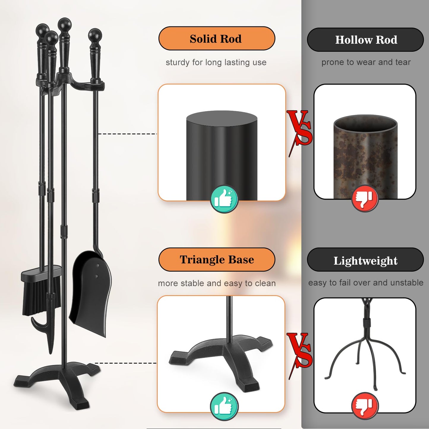 Gtongoko Fireplace Tools Set 4 Pcs 30 Inch Black Wrought Iron Bundle 8ft Firewood Rack Outdoor with Cover