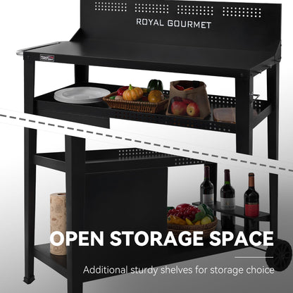 Royal Gourmet PC4401B 3-Tier Dining Cart with Wind Guard, Sturdy Structure and Ample Storage Shelves, for Indoor & Outdoor use，with Bottle Opener, Hooks, Wine Rack, Multifunctional Side Handle, Black
