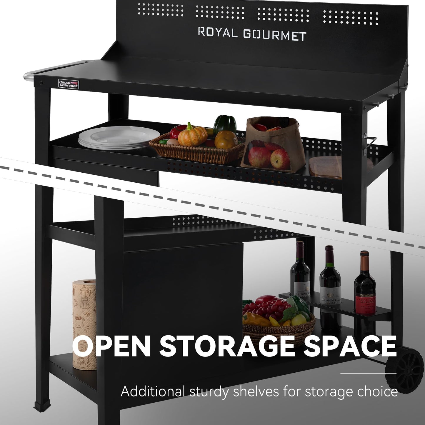 Royal Gourmet PC4401B 3-Tier Dining Cart with Wind Guard, Sturdy Structure and Ample Storage Shelves, for Indoor & Outdoor use，with Bottle Opener, Hooks, Wine Rack, Multifunctional Side Handle, Black