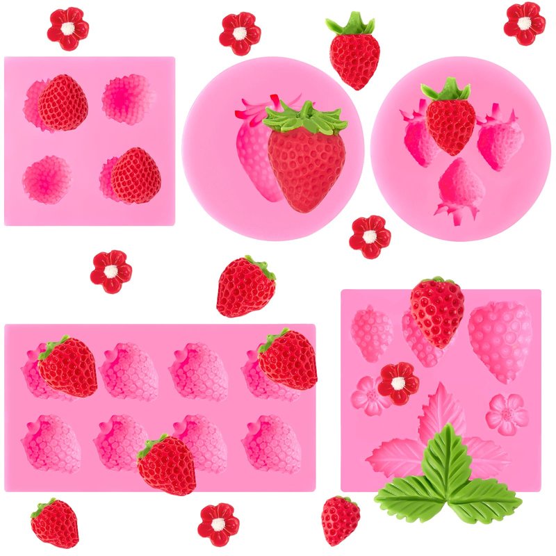 CLUEWR 5 PCS Silicone Strawberry Molds, 3D Strawberry Fondant Molds for Chocolate, Candy, Cake Decoration, Cupcake Topper