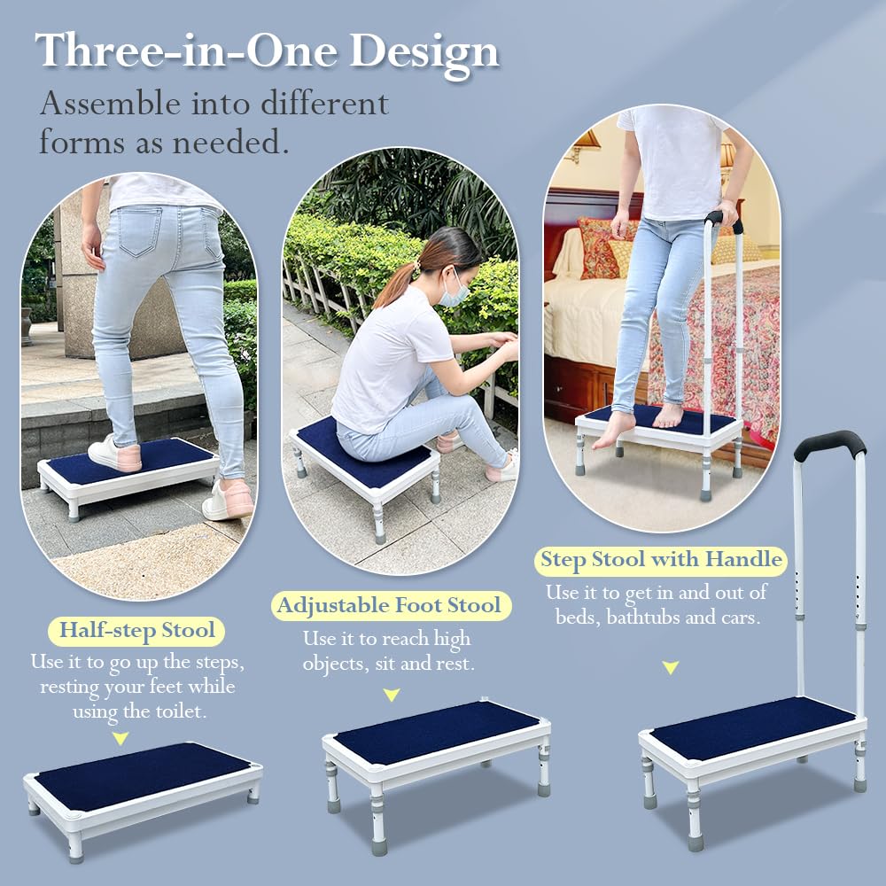 Bedside Steps for High Beds Step Stool with Handle for Elderly Adult Medical Heavy Duty Safety Stepstools for Seniors 400 Lb Capacity Non-Slip Wide Platform to Get in Bed, Car, Bathroom (Blue-21.6")