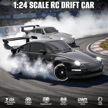 RC Drift Car1:24 Scale Remote Control Car 2.4GHz 20KM/H 4WD High Speed RC Cars for Kids with LED Light Two BatteriesDrifting TiresRacing Vehicle Toy for Adults Boys Girls Black
