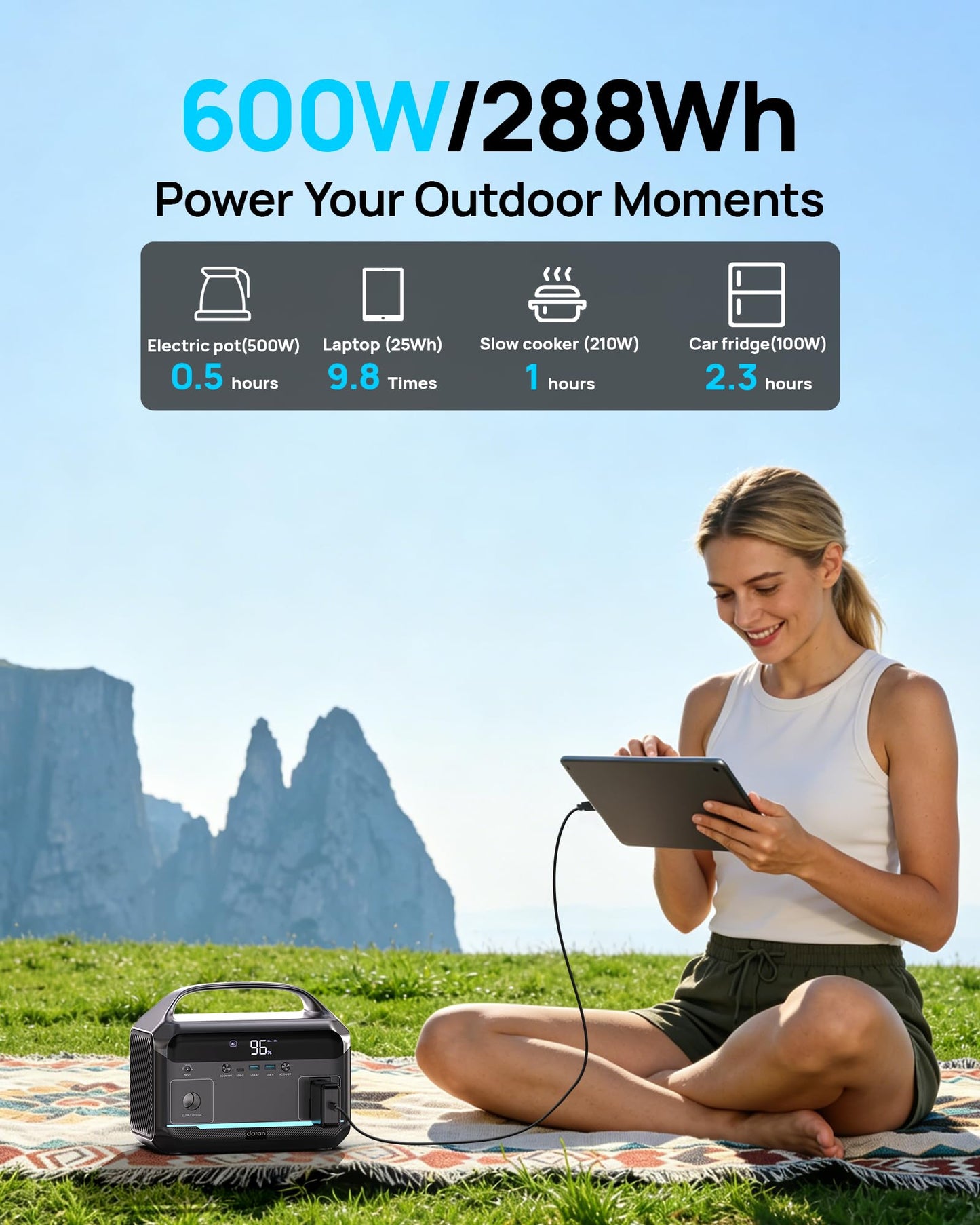 Portable Power Station 1200W Surge, 288Wh LiFePO4 Battery Solar Generator, Power Bank with 600W AC Outlet 110V, PD 100W Output Fast Charging for Outdoors Camping, Home Emergency, Hunting Blackout