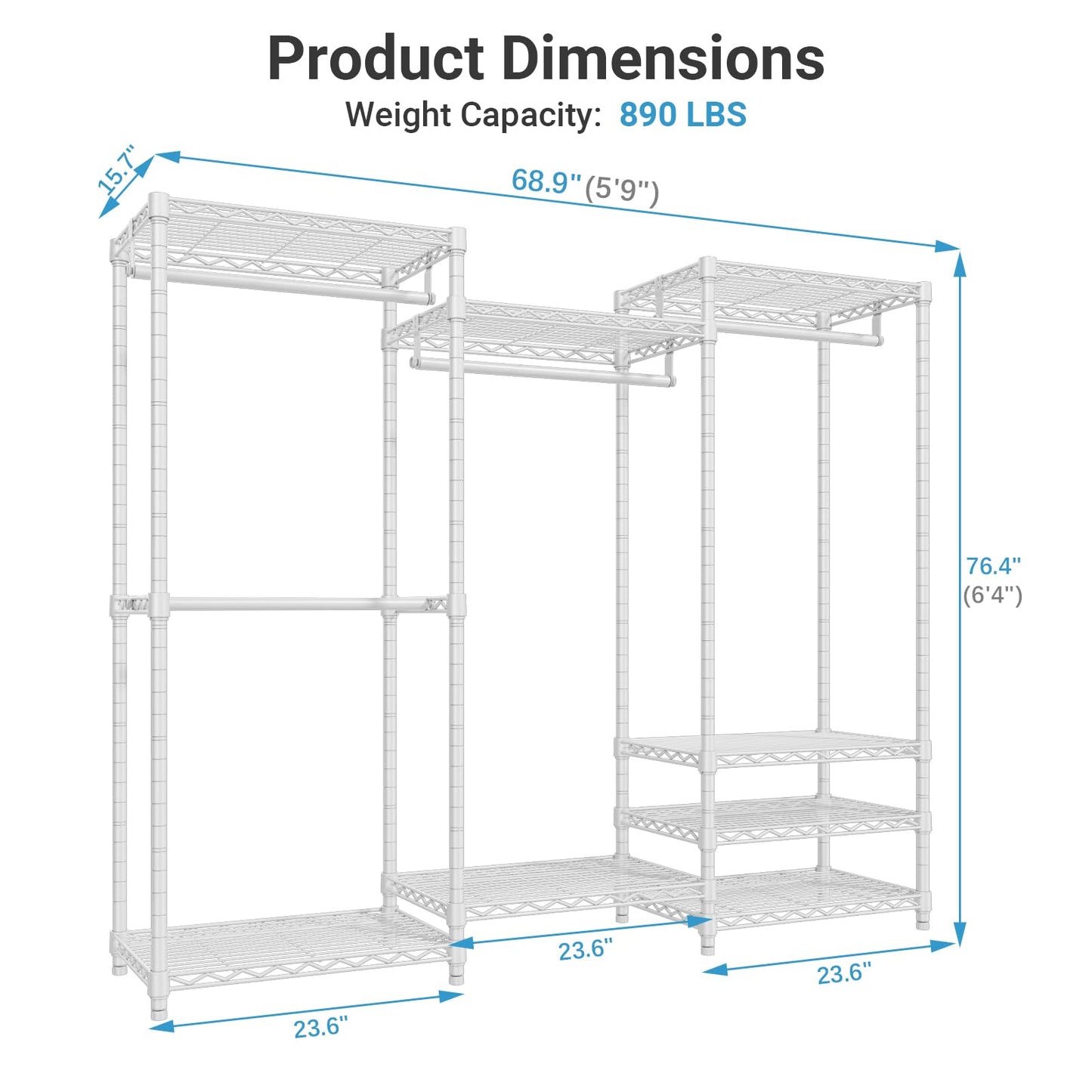 VIPEK V5 Portable Closet Wardrobe Heavy Duty Clothes Rack, Freestanding Clothing Racks with 4 Hang Rods & 8 Shelves, Adjustable Custom Closet Racks, 68.9" L x 15.7" W x 76.4" H, Max Load 890LBS, White