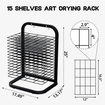 INNOVART 15 Shelves Art Drying Rack for Classroom Club Painting Crafts, Metal Desktop Drying Rack for Art, Black Painting Drying & Artwork Storage Racks for Home, Classroom, Studio, Craft Room