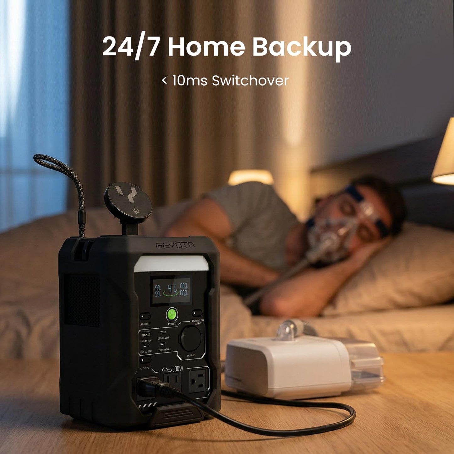 GEYOTO N300 Portable Power Station, 256Wh LifePO4 Battery,300W AC Outlets (500W P-Boost), 25W Wireless Charging, <10ms UPS Solar Generator for Camping Travel