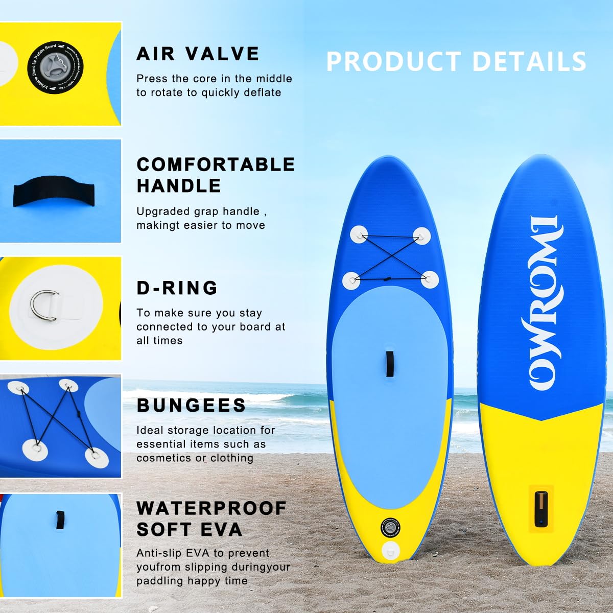 Kids Stand Up Paddle Board with Inflatable SUP Accessories, Non-Slip Comfort Deck Inflatable Paddle Board for Kid, Durable, Lightweight Fin for Youth & Kids (Blue/Yellow, 7'10"X 30"X 6")