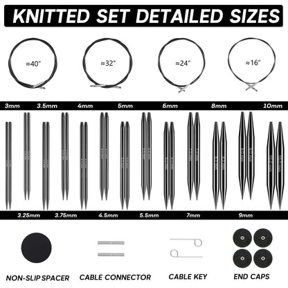 13-Pair Interchangeable Circular Knitting Needles Set, 4" Aluminum US 2.5-15 (3-10mm) with 4 Cables & Accessories | Ideal Gift for Knitters & DIY Projects