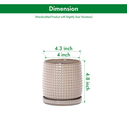 D'vine Dev 4 Inch Ceramic Beaded Stoneware Planter Pot - Flower Pot with Drainage Holes and Saucers for Indoor Succulent Plants or Flowers, Light Brown, 27-C-Z-4