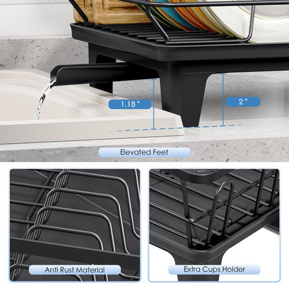 Urackify Dish Drying Rack for Kitchen Counter, Sink Dish Rack with Drainboard 12.2" W x 16.5" L, Large Dish Drainer with Cutlery Holder, Home Countertop Plate Dryer Storage Rack, Black