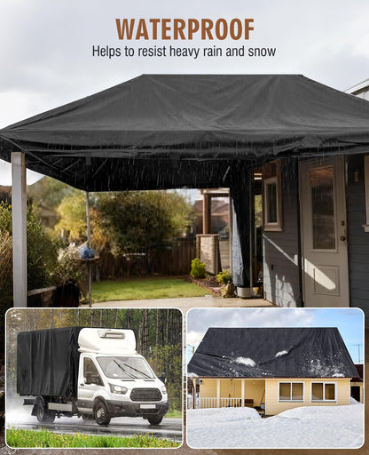 HIRALIY 20 Mil Heavy Duty Waterproof Tarp, 20x30ft Black Tarpaulin with Reinforced Webbing Loops, Multipurpose Oxford Fabric Tarp for Firewood, Roof, Camping, Pool