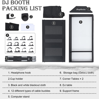 ANGELBECKE Portable DJ Booth Facade,DJ Table,Heavy-Duty DJ Table Stand Portable Booth,Iron Plate Surface DJ Facade Booth,with Carry Bag & Hook & Cup Holder (41.3"L x 20.4"W x 43.3"H)