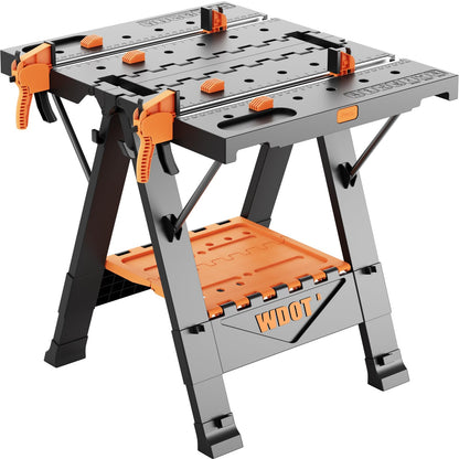WDOT 2-in-1 Folding Work Bench & Sawhorse, Easy Setup Portable Work Table, 31" W x 25" D x 32" H, Laser-Engraved Scale,Lightweight Worktable with Large Load Capacity, 2 Clamps & 6 Bench Dogs