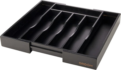 Bamboo Expandable Kitchen Drawer Organizer - Adjustable Cutlery Tray for Utensils & Flatware | Black