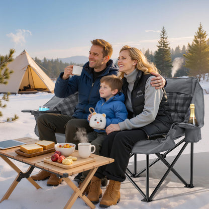 Double Camping Chair Padded 2 Person Camping Chair Camping Loveseat - Heavy Duty Oversized Camping Couch for Adults Outdoor Lawn Beach - Portable Folding Sofa with Cup Holders and Carry Bag, Grey