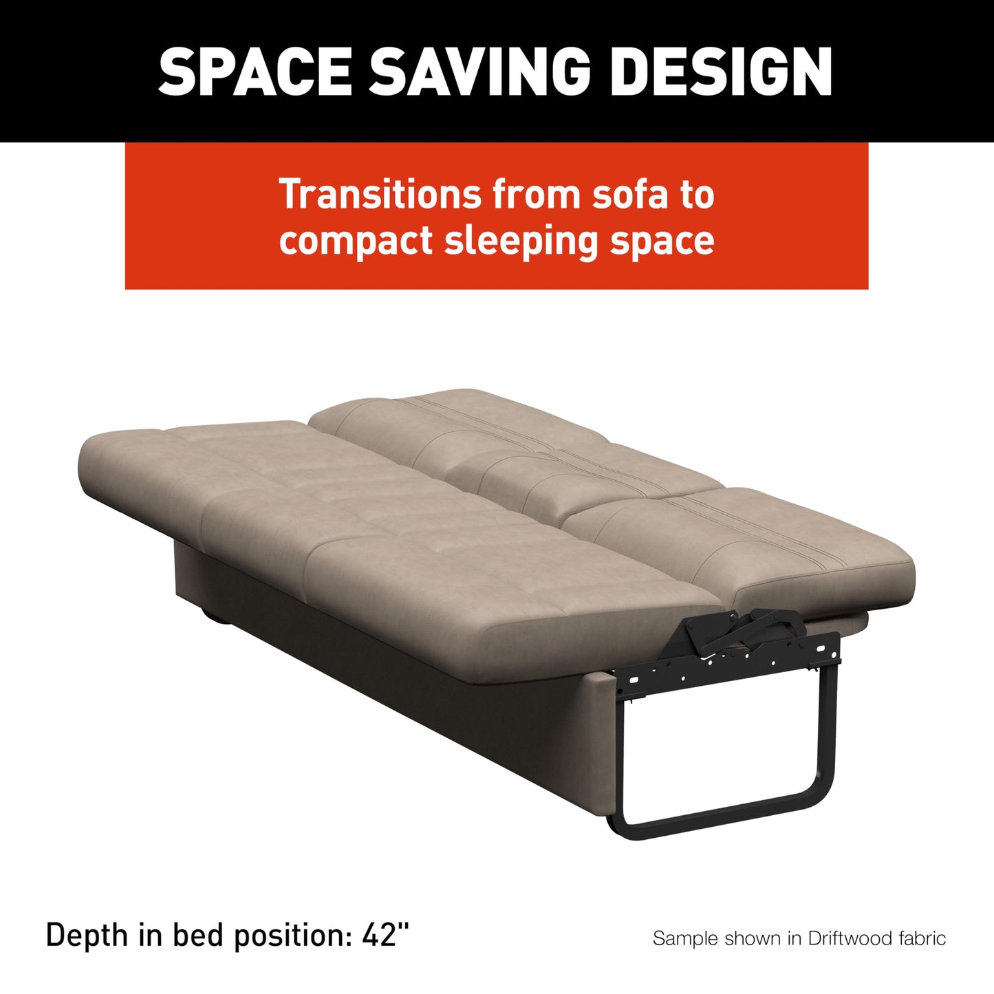 Thomas Payne Signature 72" Driftwood RV Jackknife Sleeper Sofa with Matching Kickboard, Easy Transition, High-Density Foam Cushioning, Fold-Down Center, Dual Cupholders - 2024044413