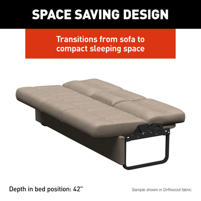 Thomas Payne Signature 72" Driftwood RV Jackknife Sleeper Sofa with Matching Kickboard, Easy Transition, High-Density Foam Cushioning, Fold-Down Center, Dual Cupholders - 2024044413