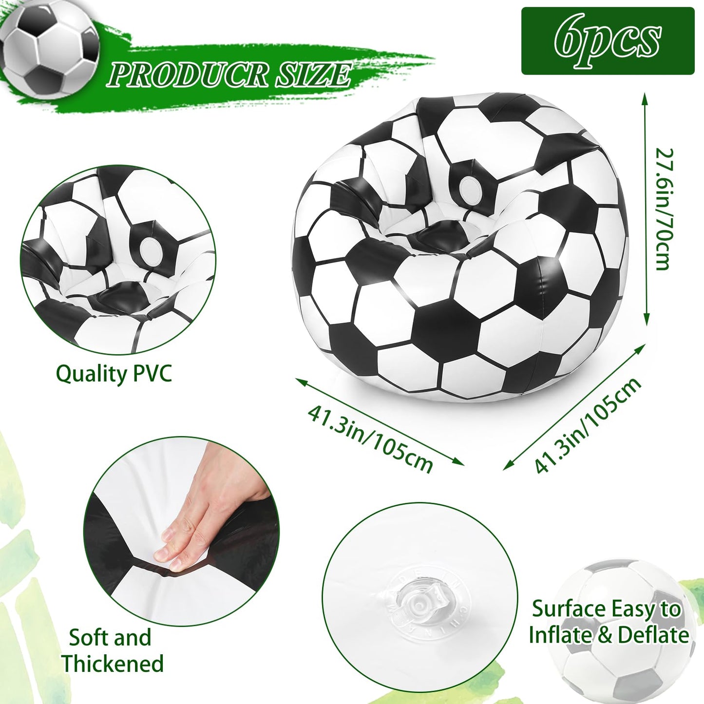 Anglechic 6 Pack Inflatable Soccer Bean Bag Chair 41 Inch Blow up Soccer Sofa with Foot Pump, Inflatable Bean Bag Chair for Adults, Portable Air Cushion Lounge for Outdoor Camping Party