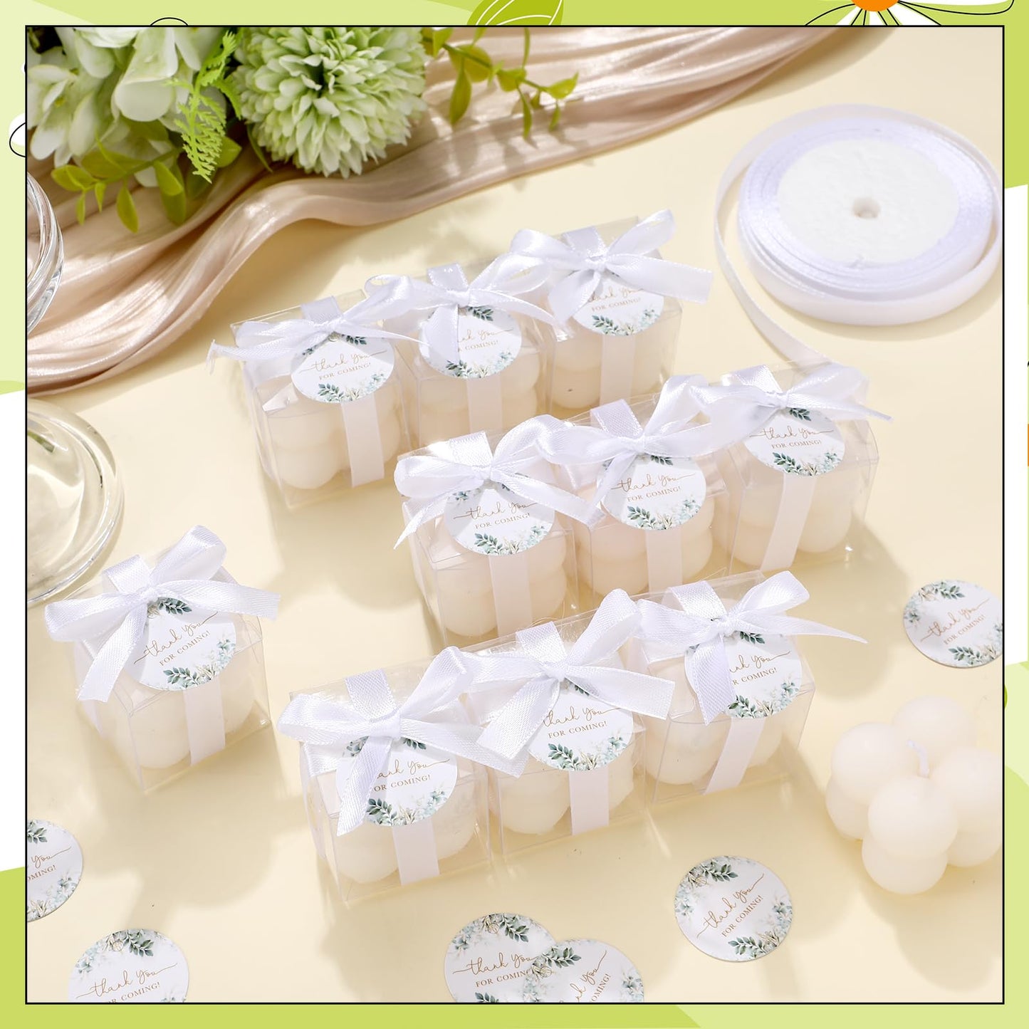 MTLEE 24 Sets Greenery Wedding Favors Party Candle Small Bubble Candle Favors for Guests Tea Candles Bulk with Stylish Ribbons Cards Gifts for Bridal Shower(White, Leaves)