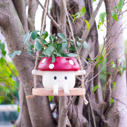 2pcs Mushroom Smily Swing Face Planter Pot, Cute Hanging Resin Flower Head Planter for Indoor Outdoor Plants,Gift IdeaI for Mother,Father and Appreciation Christmas with Drainage Hole (Red&Yellow)