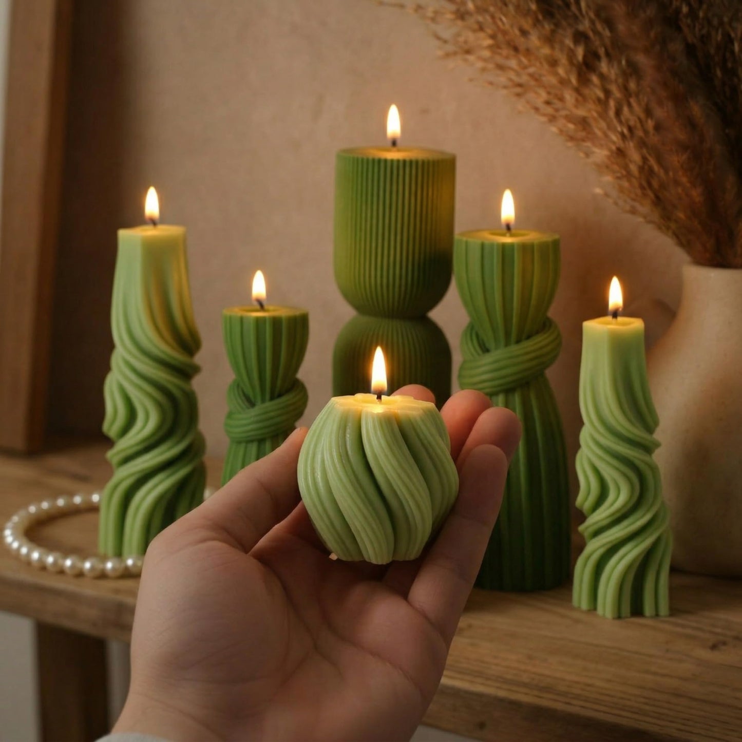 Threlaco 6 Pcs Pillar Candles Decorative Modern Aesthetic Ribbed Candle Set Cute Soy Wax Scented Ribbed Decor Commemorative Gift for Home Decoration(Green, 2.36-6.89 Inch)