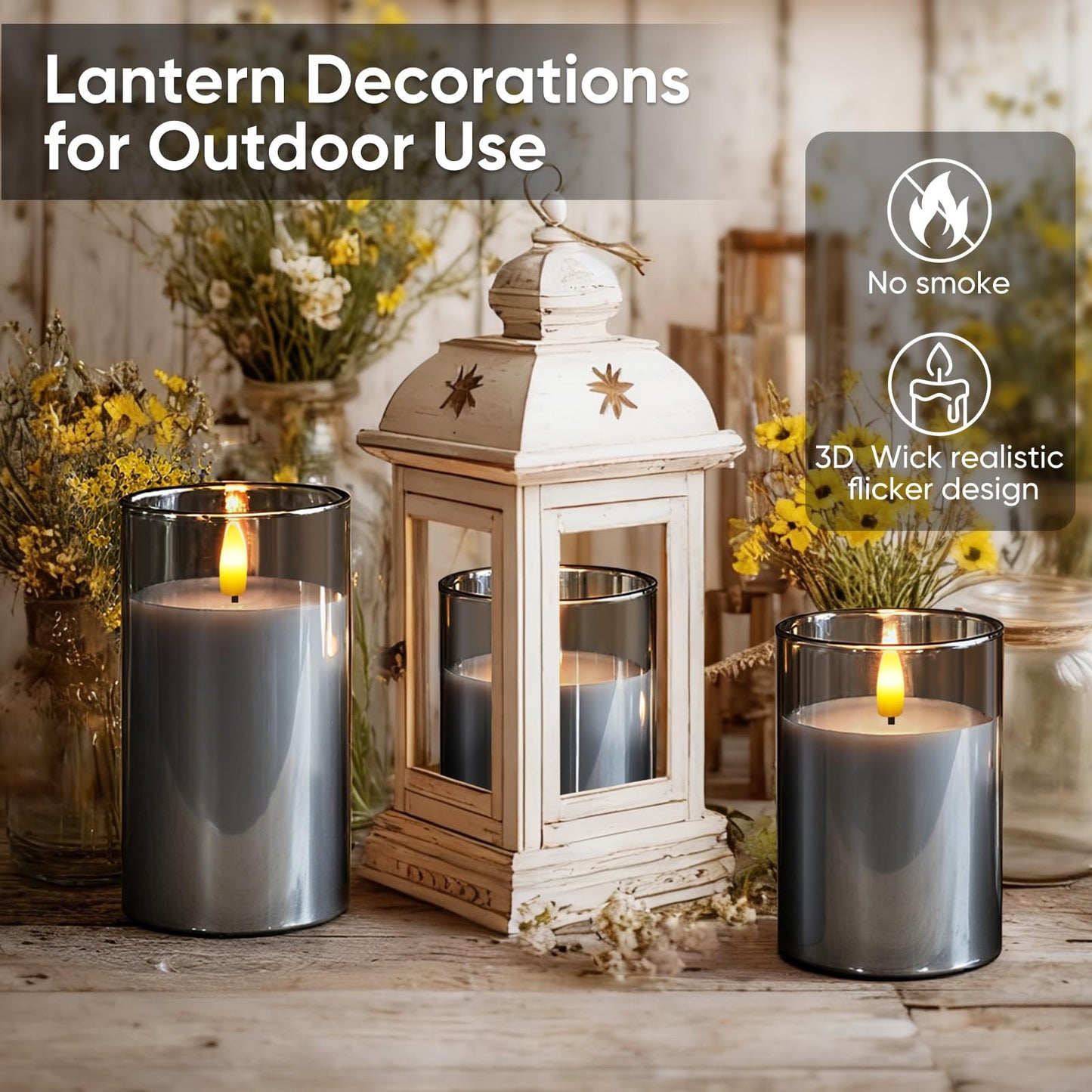 5plots Glass Battery Operated Grey Flameless Candles with Remote Timer, 3D Wick Real Wax Pillar Led Candles Warm Flickering Light for Indoor Home, Halloween, Christmas Decor D3 x H4 5" 6"