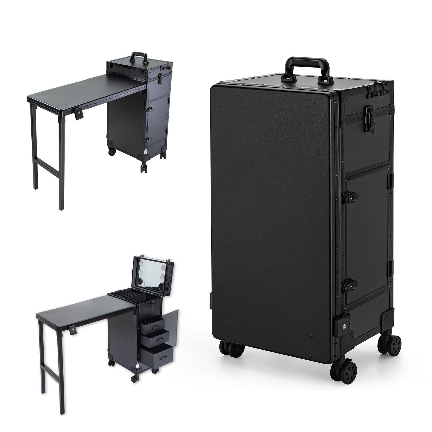 Gdsshuhung Portable Nail Desk with LED Mirror, Heavy Duty Foldable Manicure Table with 3 Drawers, Rolling Makeup Train Case Cosmetology Trolley on Wheels, Mobile Nail Tech Workstation (Black)