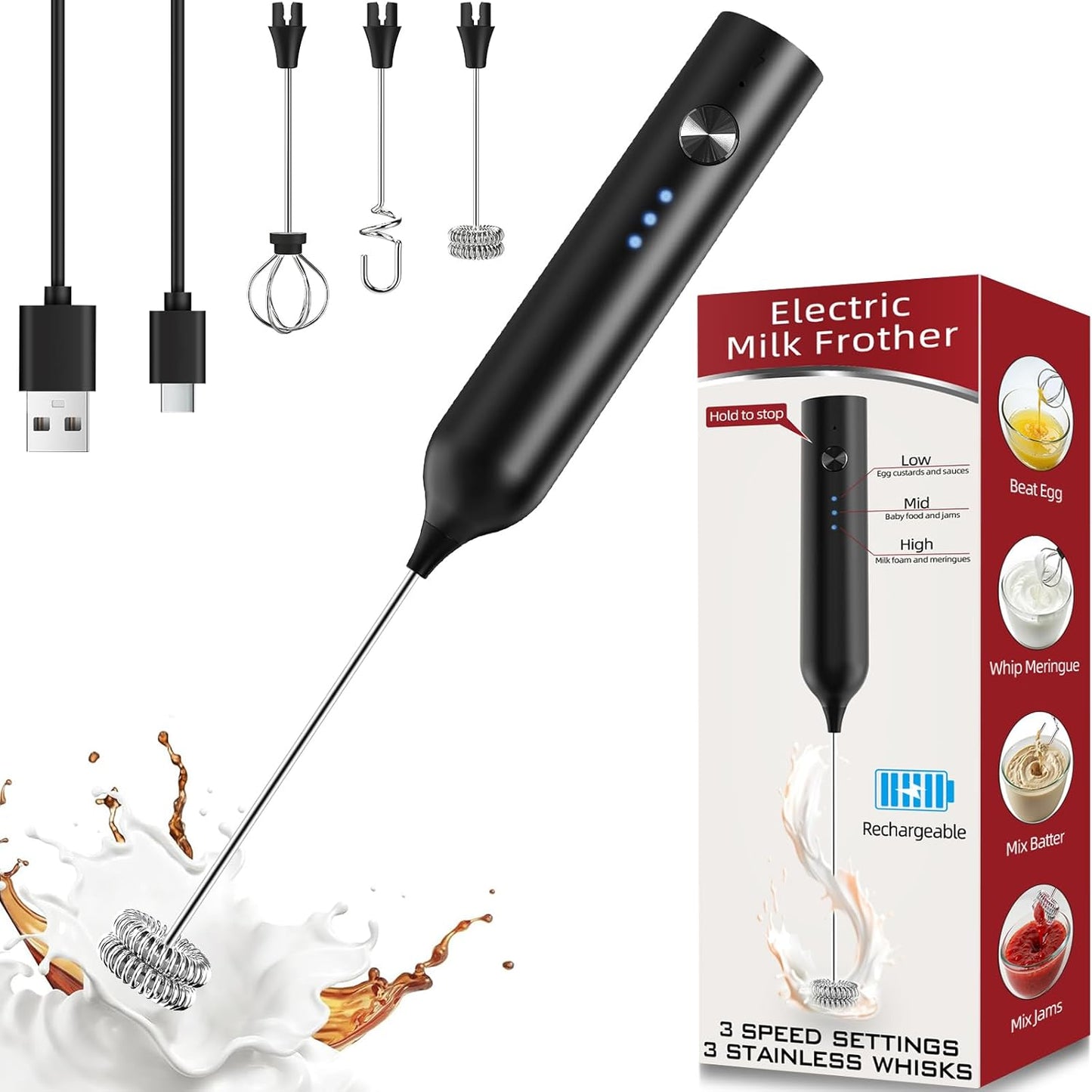 Skiennix Milk Frother - Rechargeable Handheld Drink Mixer with 3 Speed Settings & 3 Whisks | Black