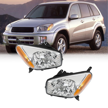 Headlight Assembly For 2001 2002 2003 Toyota RAV4 Base/4WD SUV Chrome Housing Amber Reflector Driver and Passenger Side Replacement Pair (White and yellow)