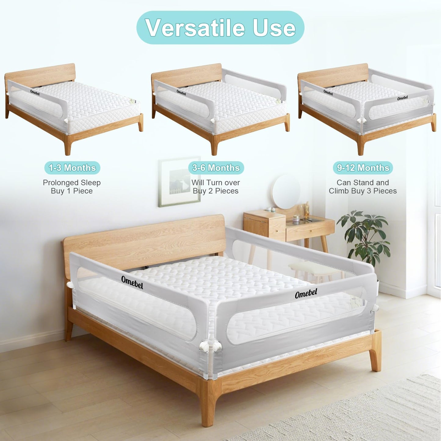 Omebel Toddler Bed Rail, 180cm/200cm Extra Long Baby Kids Bed Rail Guard Height Adjustable Folding, Safe Bed Side Rail for Queen, Full Size, Twin, King Size, Foldable & Button-Release Design