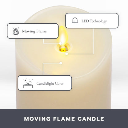 Matchless Candle Co. by Luminara Set of 3 Flameless LED Flickering Moving Flame Pillars (3" x 4.5", 5.5", 6.5"), Melted Unscented Real Wax Edge w/ Smooth Finish, AA Battery Operated, Pearl Ivory