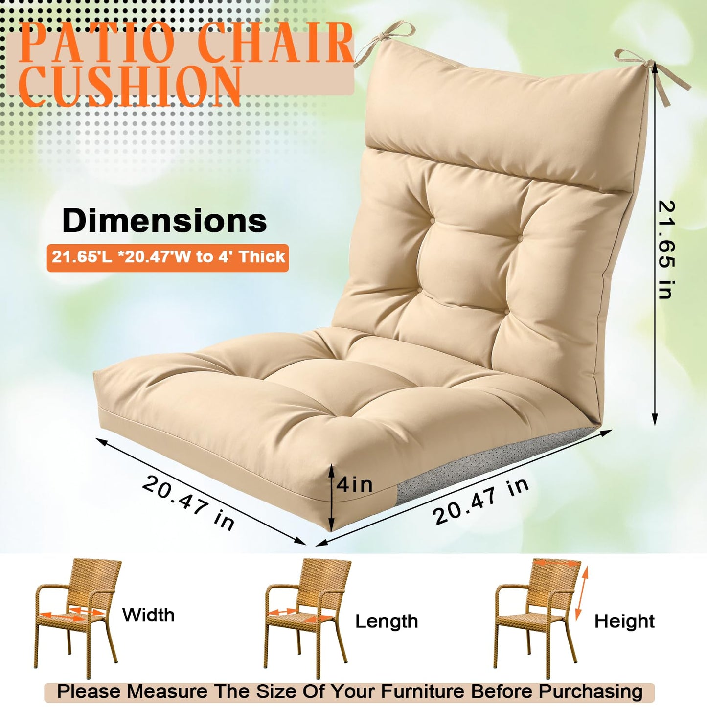 Gleom 4 Pcs Outdoor Patio Chair Cushions, Thick Seat Pads for Garden Furniture, Waterproof Non Slip Chair Cushions with Ties, Replacement Cushion Set for Porch, Yard, Balcony-Brown