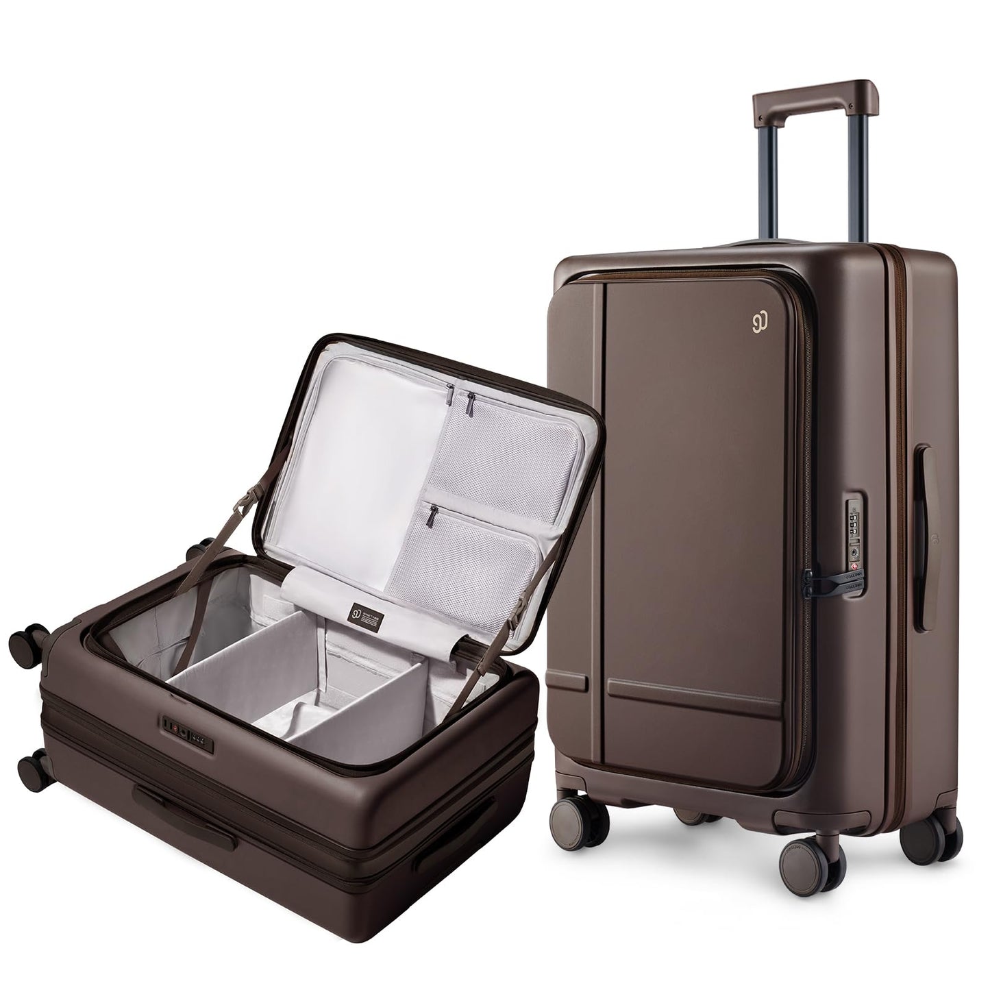 NINETYGO Medium Checked Luggage 25 Inch, Flat Top Opening Check In Luggage with Cup Holder, Expandable, Coffee-Infused PC Hard Shell, Eco-Friendly, TSA Lock, 360° Spinner Wheels (Americano)