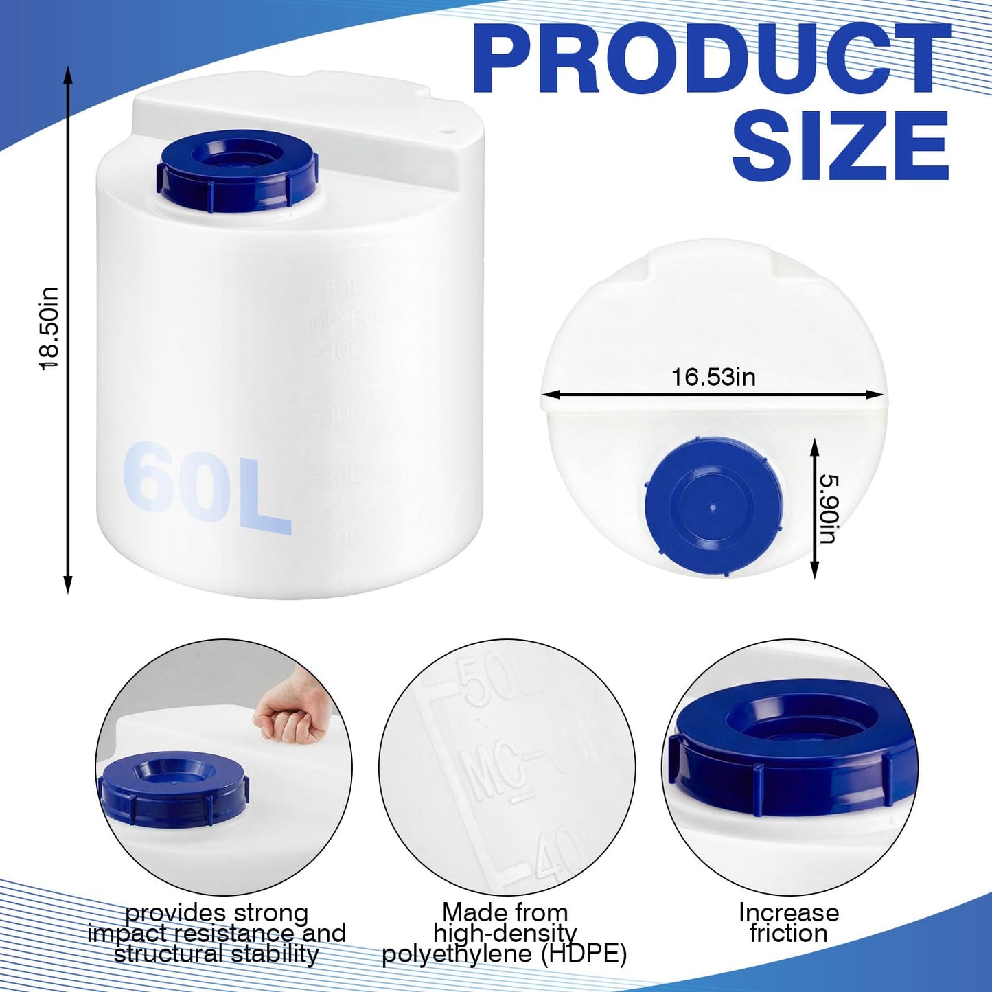 Lounsweer 16 Gallon (60l) Hdpe Chemical Storage Tank for Chemical Feeder & Dosing Systems, Thick-wall Polyethylene Solution Tank, Leak-Resistant Industrial Liquid Container