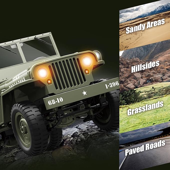 RC Crawlers 1:10 Scale D888 Willys Military Jeep 2.4Ghz 4WD Off Road Rock Crawler Vehicle with Lights All Terrain Electric RC Jeep Toy for Adult Teens